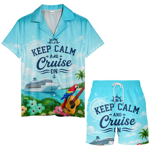 cruise ship parrot & guitar beach scene hawaiian shirt
