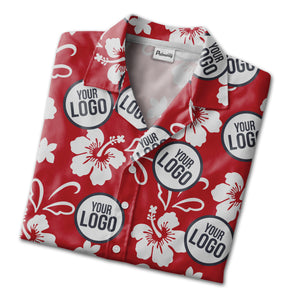 Custom Logo Hibiscus Hawaiian Shirt - Tropical Floral Red White Navy Personalized