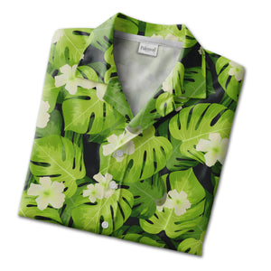 Dark Charcoal Grey Monstera Hawaiian Shirt with White Flowers and Lime Green