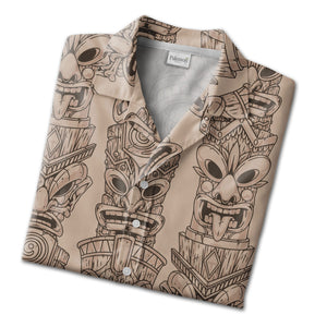 Dense Tiki Mask and Feather Hawaiian Shirt on Deep Teal