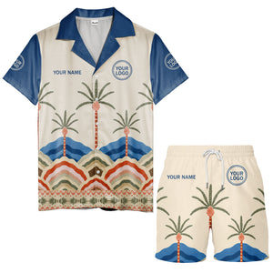 desert oasis palm trees sunset hills illustrated hawaiian shirt
