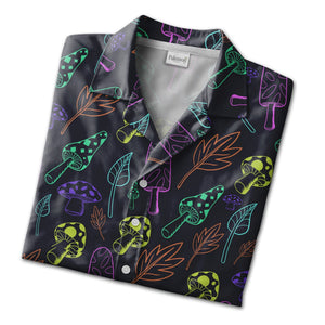 Detailed Botanical Mushroom Hawaiian Shirt with Autumn Leaves on Black
