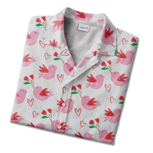 Doodle Art Hearts Hawaiian Shirt in Baby Blue with Coral and Pink Accents