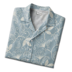 Dusty Blue Floral Scrollwork Hawaiian Shirt with Elegant Vine Pattern