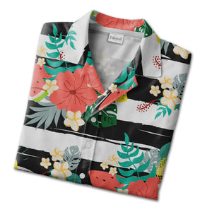 Folk Art Wavy Stripe Hawaiian Shirt on Forest Green Background