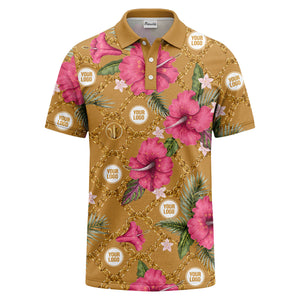 gold chain & pink hibiscus luxury illustrated polo shirt for men