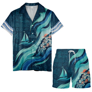 illustrated sailboat sunset & coastal village waves hawaiian shirt