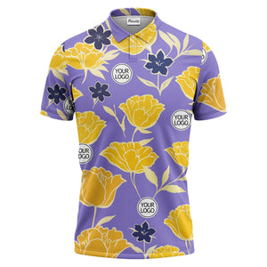 illustrated tropical floral vacation polo shirt splashed with hibiscus leaves