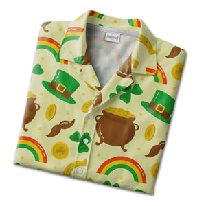 Irish Gnome Hawaiian Shirt with Bearded Characters Shamrocks and Beer Mugs