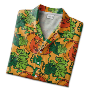 Jack-o-Lantern Hawaiian Shirt with Vines and Leaves on Orange