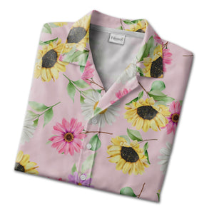 Joyful Sunflower and Pink Gerbera Hawaiian Shirt on Pastel Pink