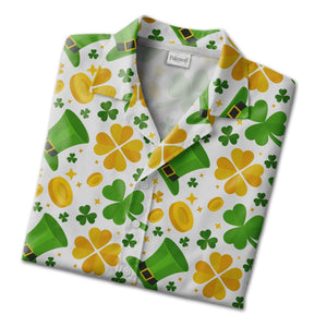 Lucky Clover Hawaiian Shirt with Leprechaun Hats and Golden Coins
