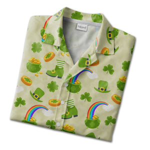Lucky Leprechaun Hawaiian Shirt with Shamrocks Rainbows and Pots of Gold