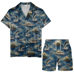 marlin fish & cruise ship ocean scene hawaiian shirt for men