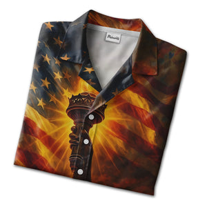 Military Sunset Hawaiian Shirt - Aircraft Carrier Statue of Liberty & Ocean Wave Print
