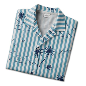 Modern Tropical Hawaiian Shirt on Black White Horizontal Stripes