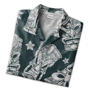Monochrome Engraving Style Tiki Hawaiian Shirt on Dark Teal