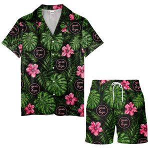 monstera leaves pink hibiscus watercolor hawaiian shirt for men
