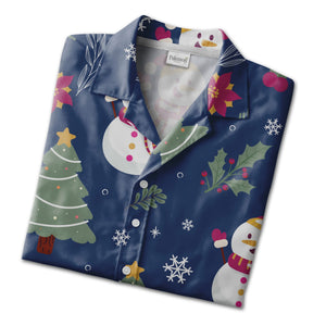 Navy Blue Snowman Holiday Hawaiian Shirt with Poinsettia Holly Pattern