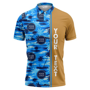 oceanic palm trees & circular logo repeat navy blue tropical beach polo shirt