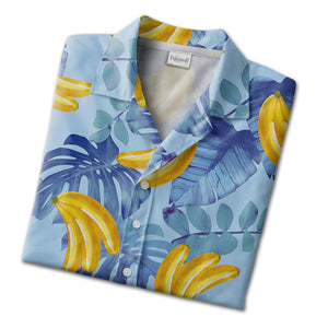 Painterly Banana Bunch Hawaiian Shirt with Tropical Leaves on Blue
