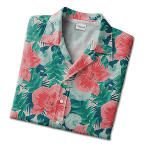 Pale Beige Cream Orchid Hawaiian Shirt with Elegant Palm and Monstera Leaves