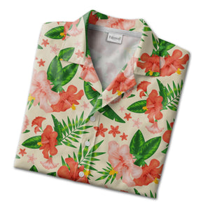 Pale Cream Bell Flower Hibiscus Hawaiian Shirt with Banana and Palm Fronds