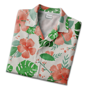 Pale Cream Pink Lily Hawaiian Shirt with Plumeria Monstera and Banana Leaves