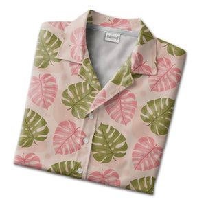 Pale Peach Pink Green Monstera Hawaiian Shirt with Speckled Modern Texture
