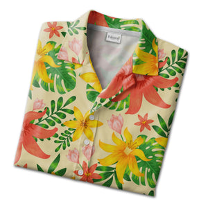 Pale Yellow Pink Hibiscus Hawaiian Shirt with Plumeria and Banana Leaves