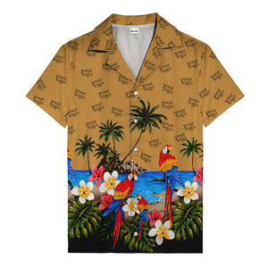 parrot paradise palm trees plumeria beach scene hawaiian shirt