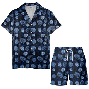 realistic seashell & spiral shell repeat navy blue hawaiian shirt