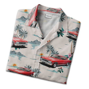 Retro Classic Car Hawaiian Shirt with Mountain Sunset Scene