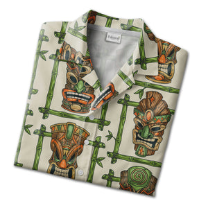 Retro Tiki Mask Hawaiian Shirt with Bamboo Frames on Cream