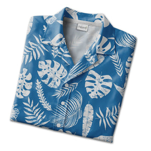 Royal Blue Vintage Distressed Hawaiian Shirt with Monstera and Hibiscus Fern