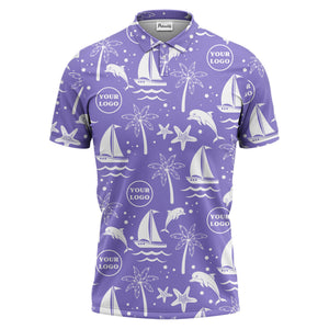 sailboats dolphins palm trees starfish repeat pattern black white polo shirt