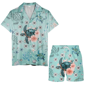 sea turtles swim through coral reef and hibiscus watercolor hawaiian shirt
