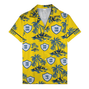 shield logo palm tree island scene navy blue hawaiian shirt for men