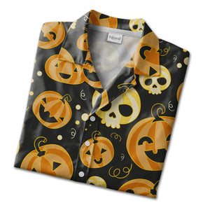 Striped Jack-o-Lantern and Skull Hawaiian Shirt on Charcoal