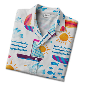 Summer Beach Surfboard & Sailboat Hawaiian Shirt – Fun Tropical Vacation Vibes