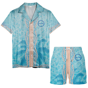 swimming pool mosaic palm trees watercolor hawaiian shirt