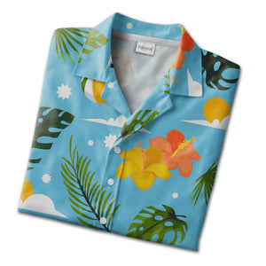 Teal Turquoise Coconut Cocktail Hawaiian Shirt with Palm Fronds and Plumeria