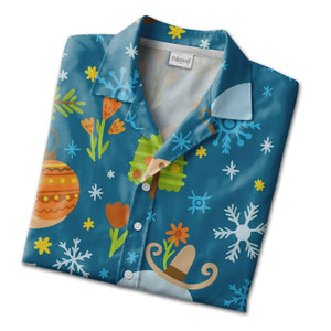Teal Winter Wonderland Hawaiian Shirt with Deer and Snowman Motifs