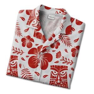 Terracotta Tiki Mask Hawaiian Shirt with Palm Fronds on White