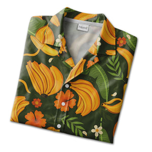 Tropical Banana Hawaiian Shirt with Plumeria on Forest Green