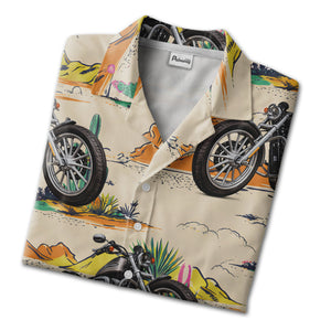 Vintage Desert Motorcycle Adventure Hawaiian Shirt With Cacti & Mountain Landscape