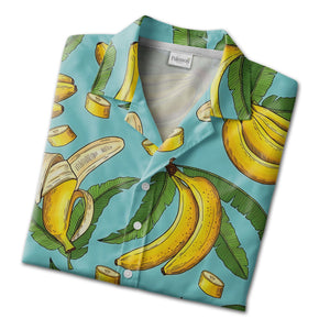 Vintage Etching Banana Hawaiian Shirt with Slices on Light Teal