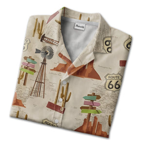 Vintage Route 66 Desert Road Trip Map With Cacti Buttes Aloha Button Down Shirt Hawaiian Shirt