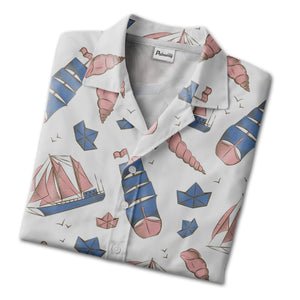 Vintage Sailboat & Seashell Nautical Hawaiian Shirt – Marine Bird Pattern