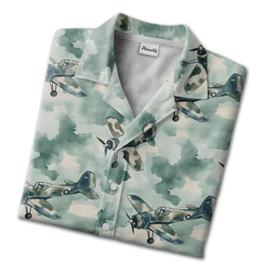 Vintage WWII Propeller Plane Camo Military Hawaiian Shirt – Aviation Print